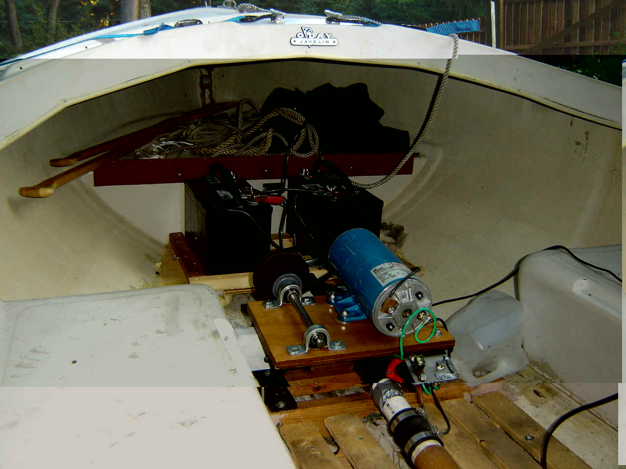 Electric drive setup, 1750 RPM motor, belt drive to prop shaft